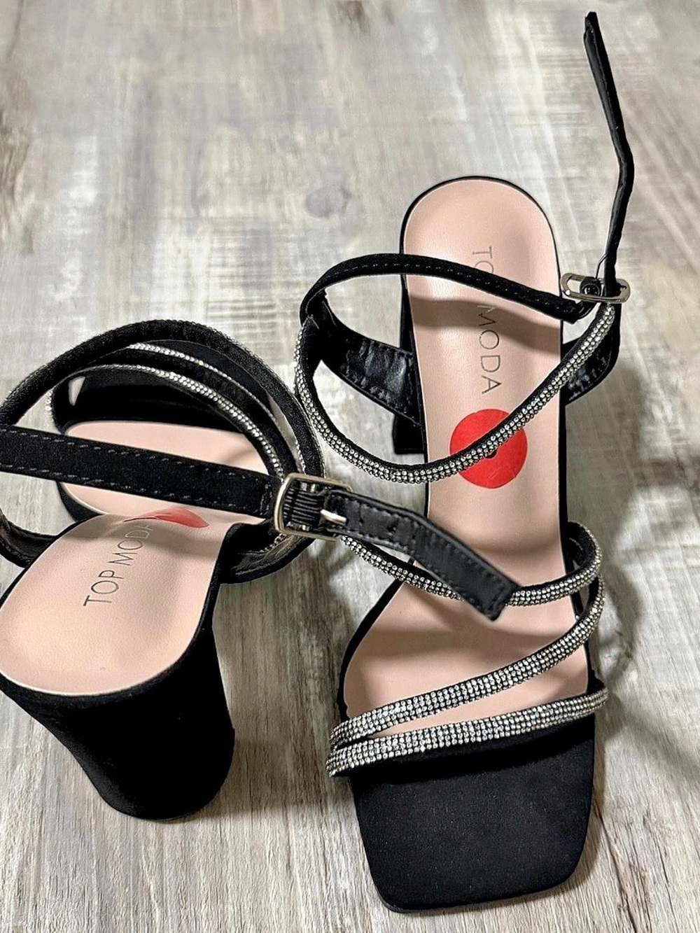 Tom Voda Rhinestone Strap Heels in Black Like New